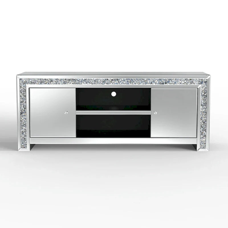 59 Mirrored TV Stand with Crushed Diamond Inlay and Storage Cabinets