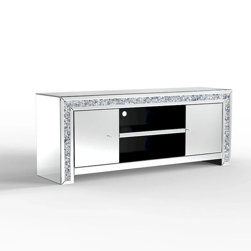 59 Mirrored TV Stand with Crushed Diamond Inlay and Storage Cabinets