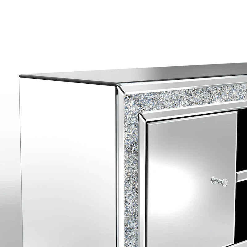 59 Mirrored TV Stand with Crushed Diamond Inlay and Storage Cabinets
