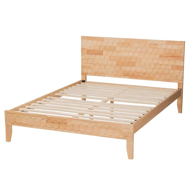 Carved Honeycomb Platform Bed – Natural Wood
