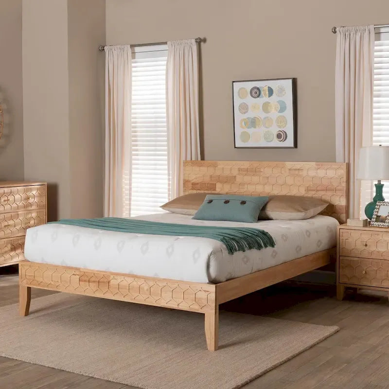 Carved Honeycomb Platform Bed – Natural Wood