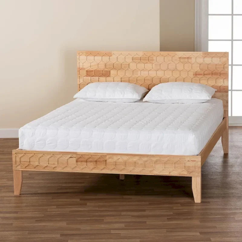 Carved Honeycomb Platform Bed – Natural Wood