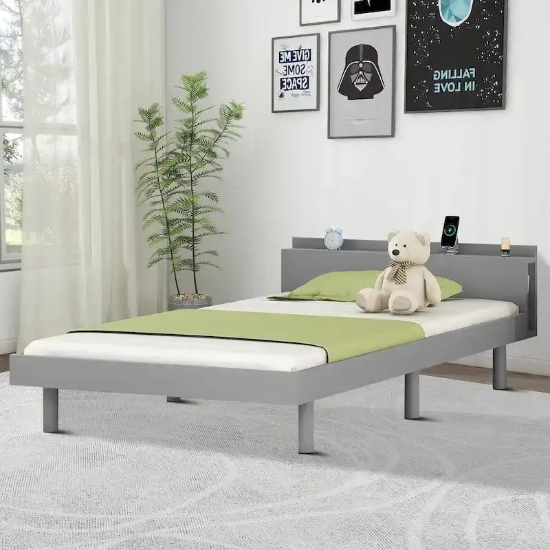 Twin Size Wooden Platform Bed Frame with USB Charging Port