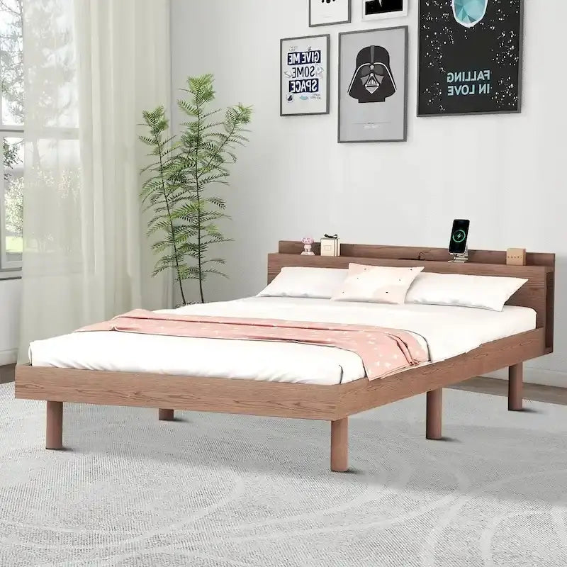 Twin Size Wooden Platform Bed Frame with USB Charging Port