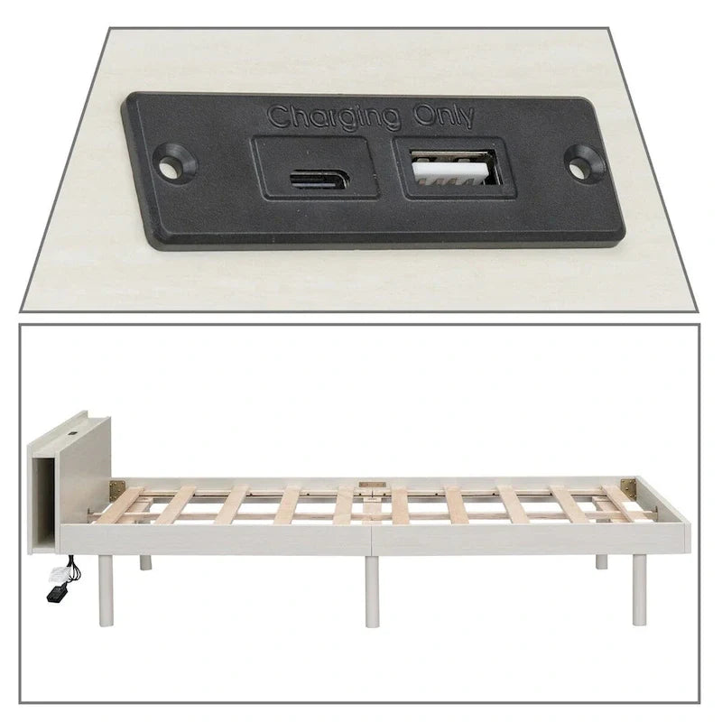 Twin Size Wooden Platform Bed Frame with USB Charging Port