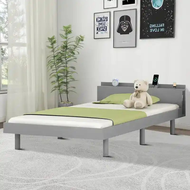 Twin Size Wooden Platform Bed Frame with USB Charging Port