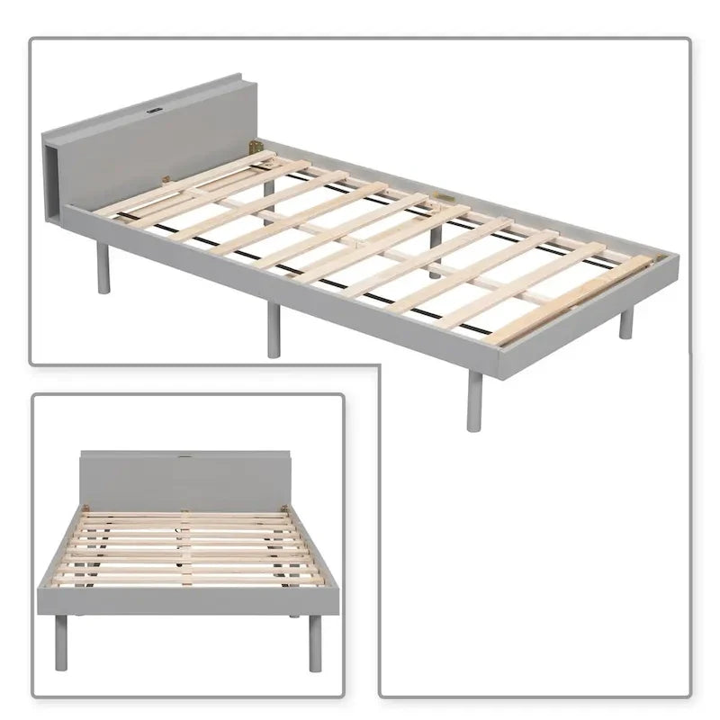 Twin Size Wooden Platform Bed Frame with USB Charging Port