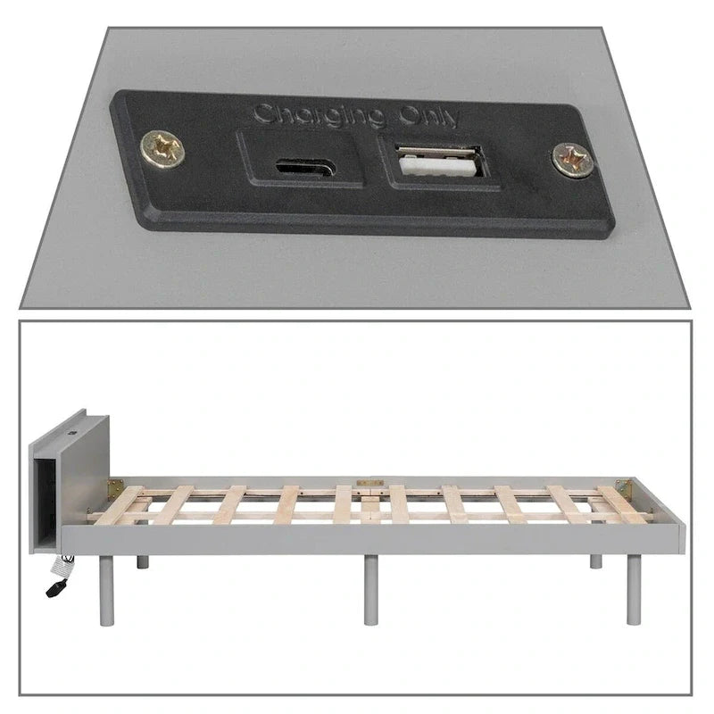 Twin Size Wooden Platform Bed Frame with USB Charging Port