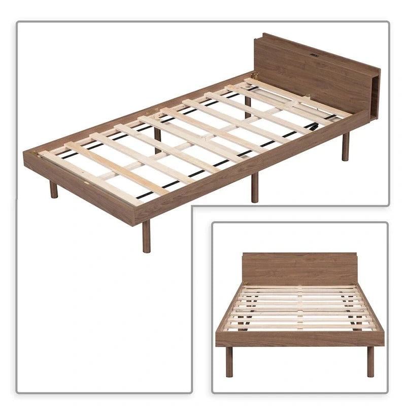 Twin Size Wooden Platform Bed Frame with USB Charging Port