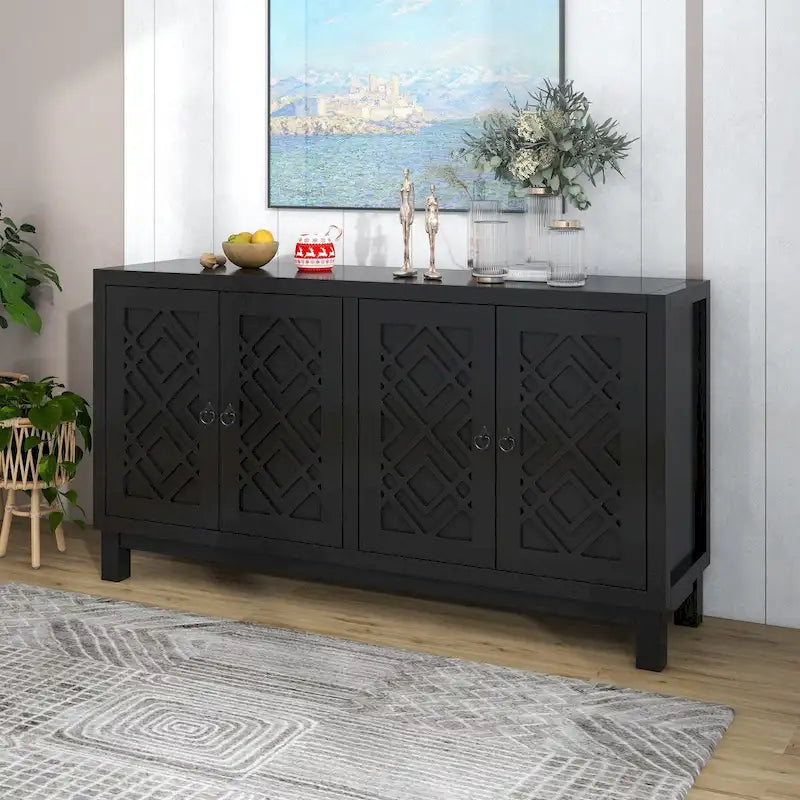 4-Door Buffet Cabinet with Pull-Ring Handles and Adjustable Shelves