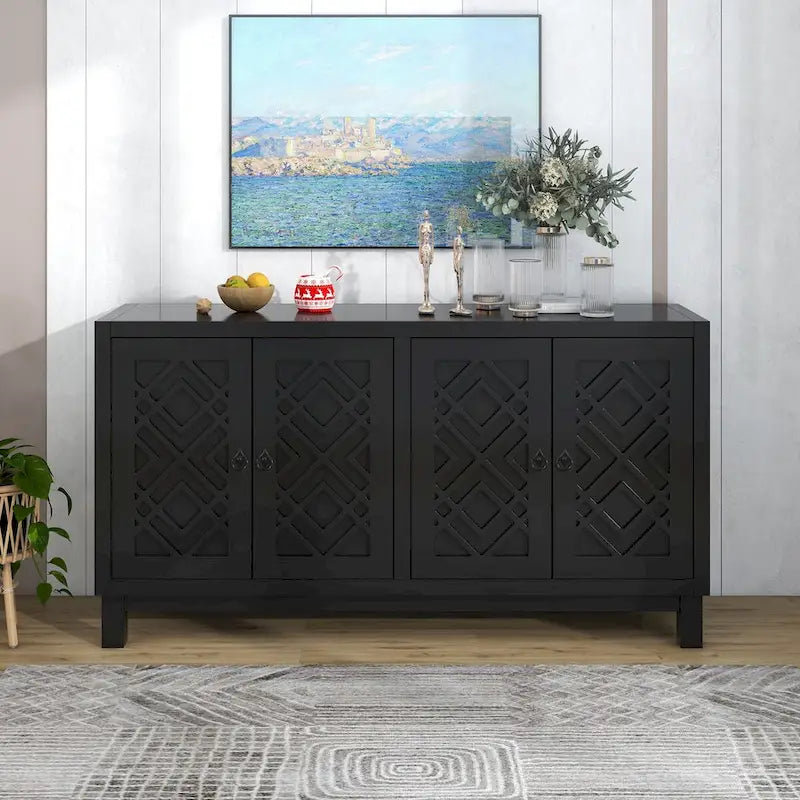 4-Door Buffet Cabinet with Pull-Ring Handles and Adjustable Shelves