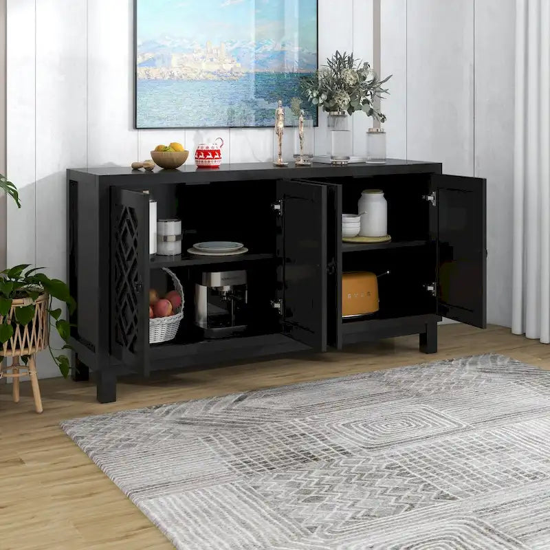 4-Door Buffet Cabinet with Pull-Ring Handles and Adjustable Shelves