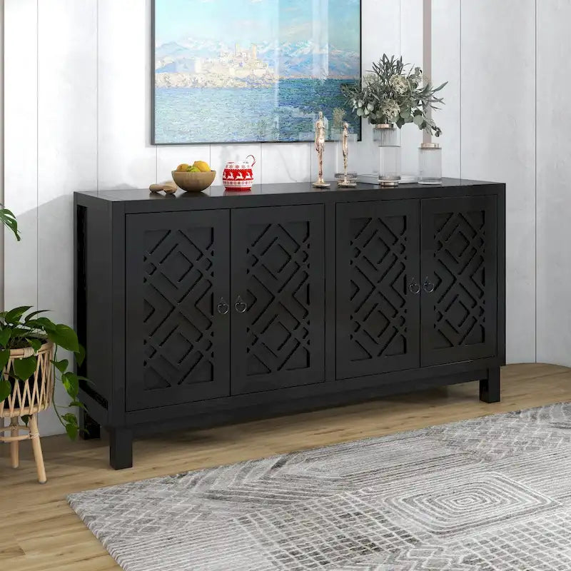 4-Door Buffet Cabinet with Pull-Ring Handles and Adjustable Shelves