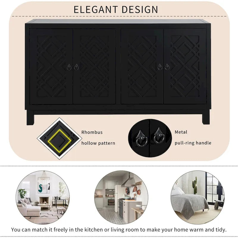 4-Door Buffet Cabinet with Pull-Ring Handles and Adjustable Shelves
