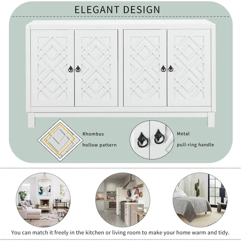 4-Door Buffet Cabinet with Pull-Ring Handles and Adjustable Shelves