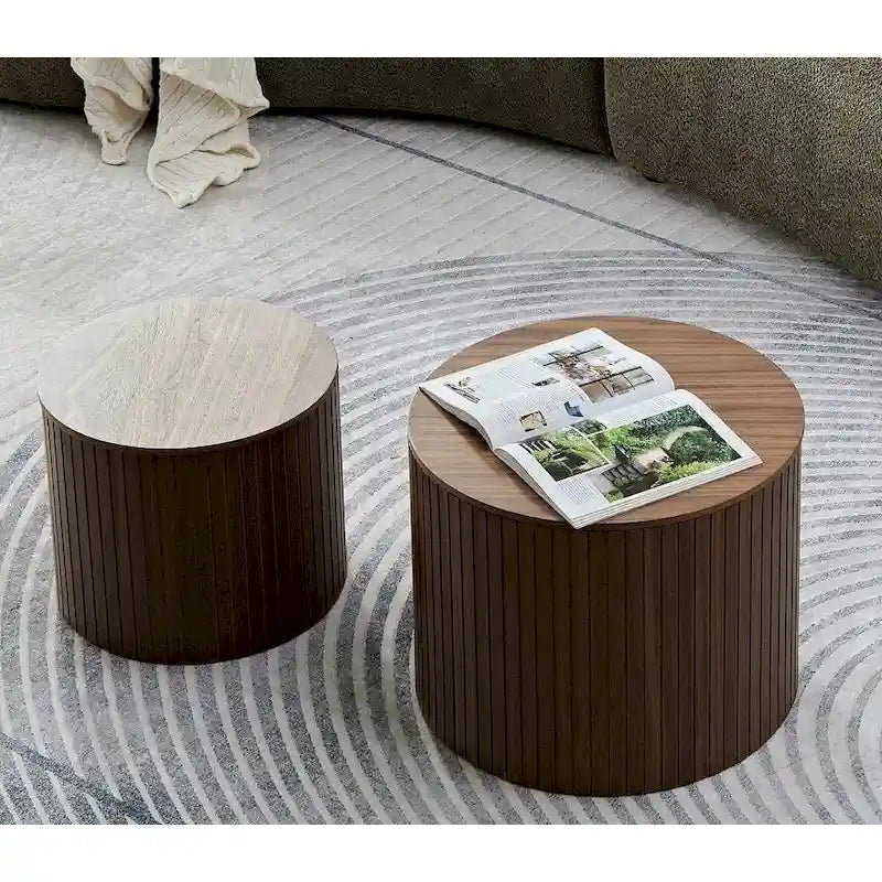 Round Nesting Coffee Table Set of 2, MDF with Storage Function