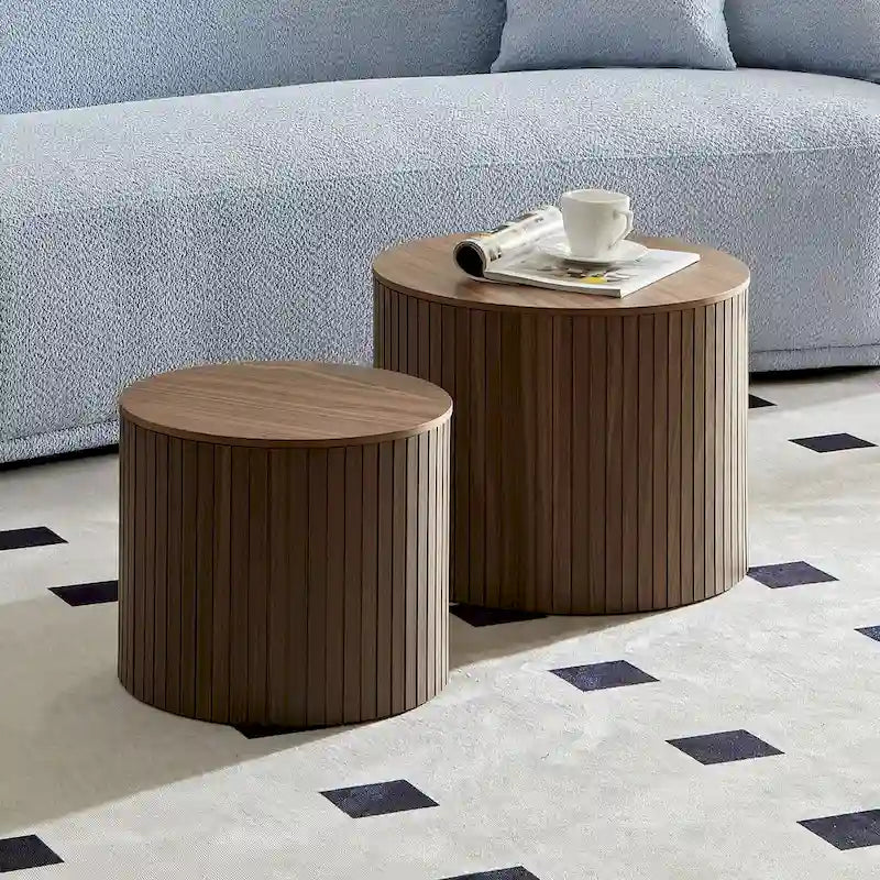 Round Nesting Coffee Table Set of 2, MDF with Storage Function