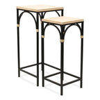 Set of 2 Rattan Accented Wood & Metal Square Side Tables