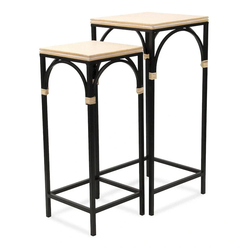 Set of 2 Rattan Accented Wood & Metal Square Side Tables