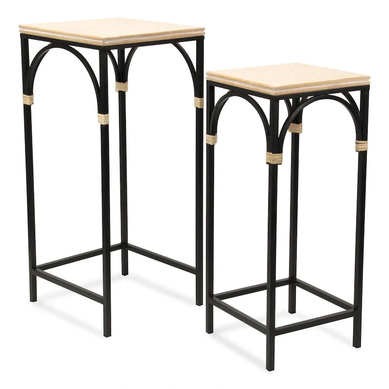Set of 2 Rattan Accented Wood & Metal Square Side Tables