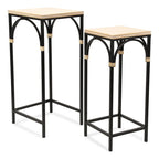 Set of 2 Rattan Accented Wood & Metal Square Side Tables