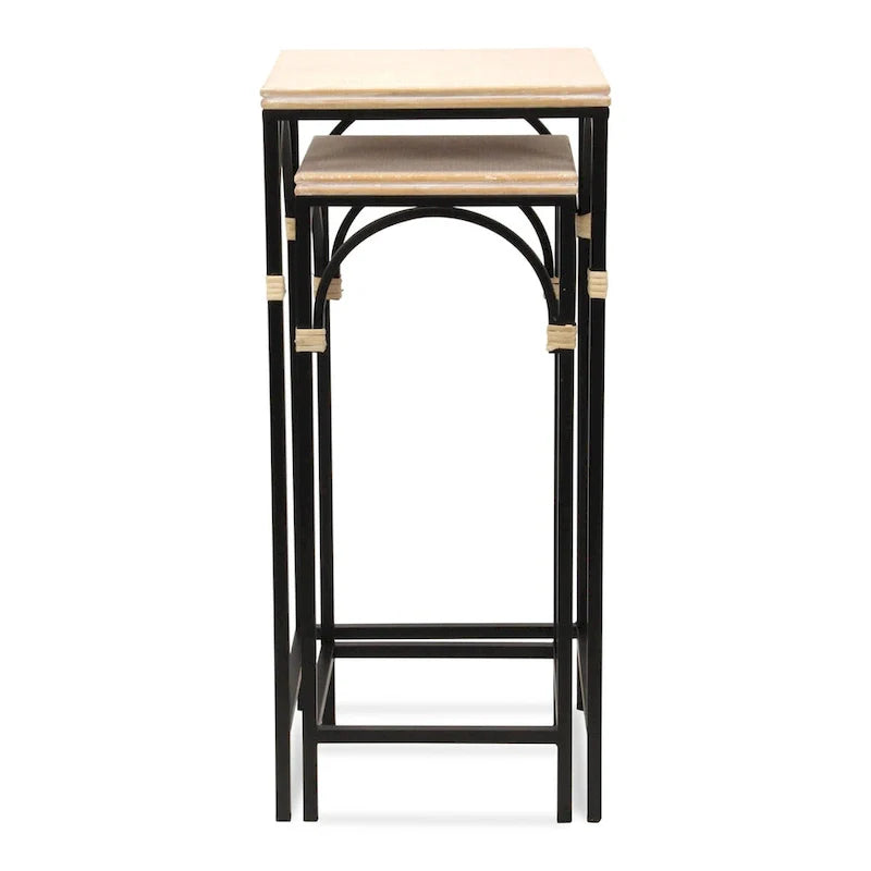 Set of 2 Rattan Accented Wood & Metal Square Side Tables