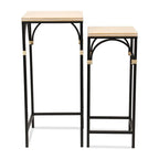 Set of 2 Rattan Accented Wood & Metal Square Side Tables