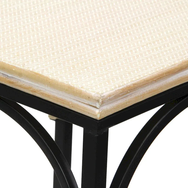 Set of 2 Rattan Accented Wood & Metal Square Side Tables