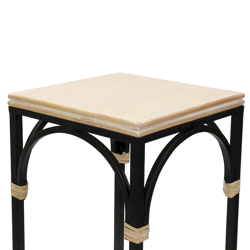 Set of 2 Rattan Accented Wood & Metal Square Side Tables