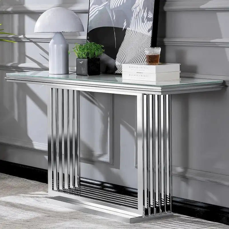 60-Inch Rectangular Glass Console Table with Metal Base