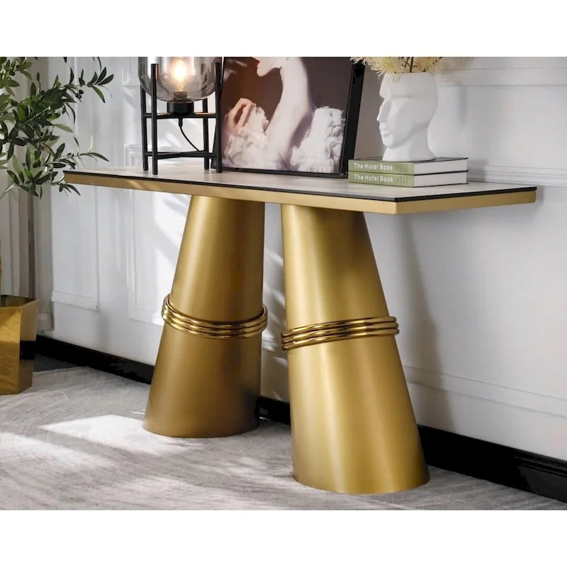 60-Inch Rectangular Glass Console Table with Metal Base