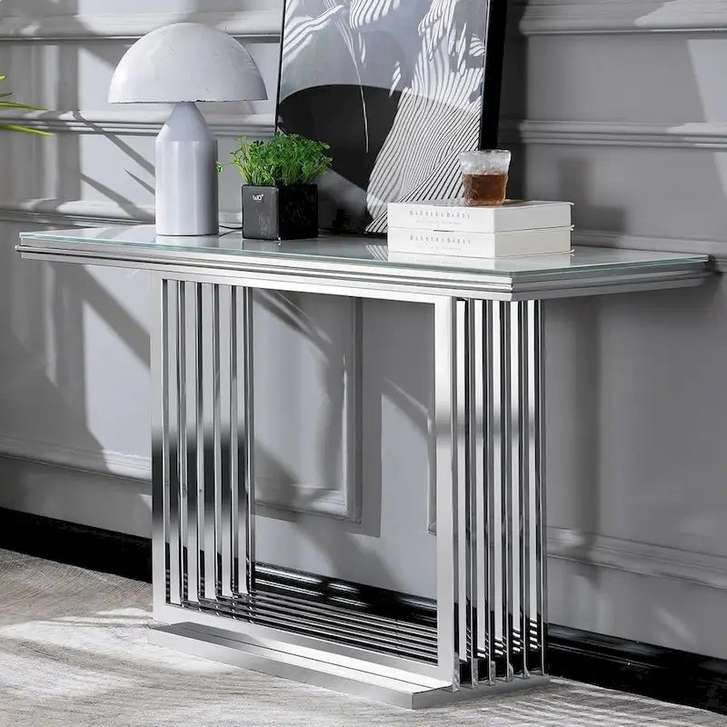 60-Inch Rectangular Glass Console Table with Metal Base