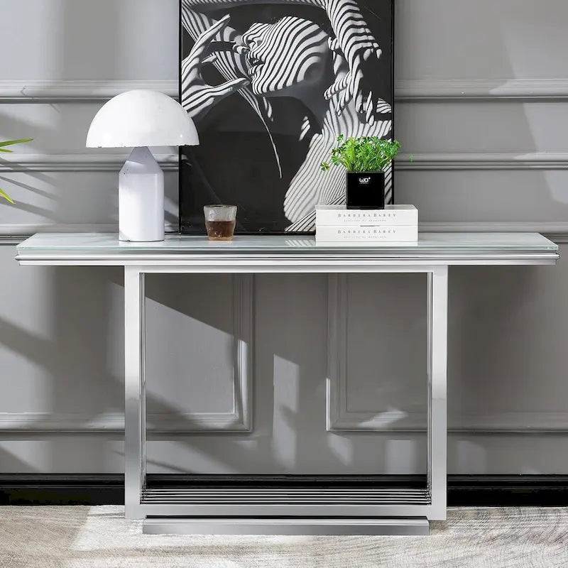60-Inch Rectangular Glass Console Table with Metal Base