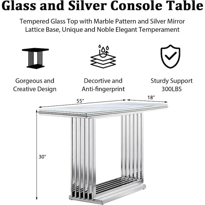 60-Inch Rectangular Glass Console Table with Metal Base