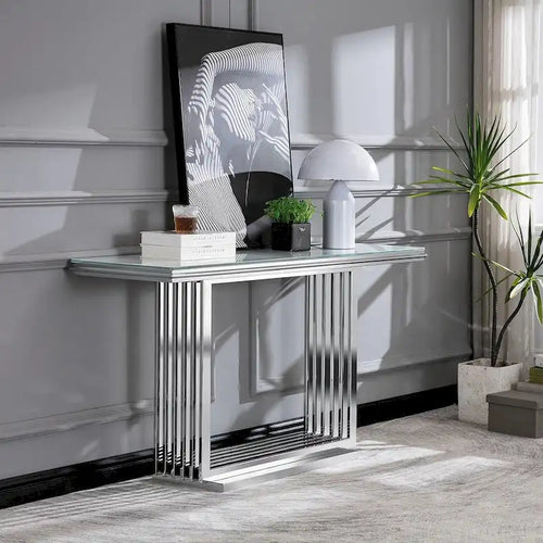 60-Inch Rectangular Glass Console Table with Metal Base