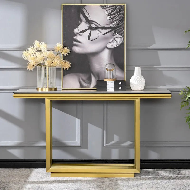 60-Inch Rectangular Glass Console Table with Metal Base