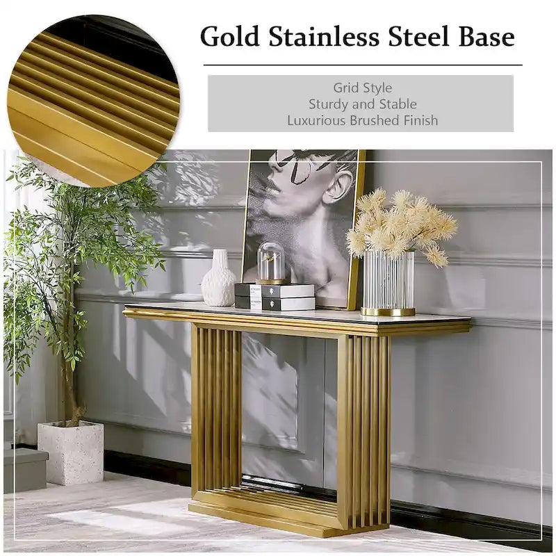 60-Inch Rectangular Glass Console Table with Metal Base