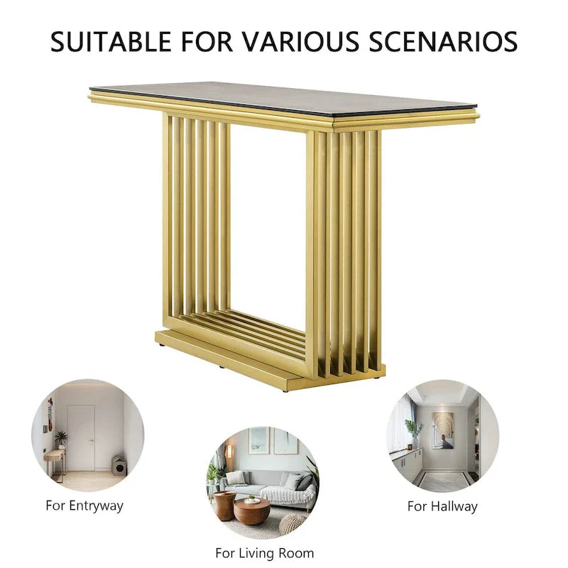 60-Inch Rectangular Glass Console Table with Metal Base