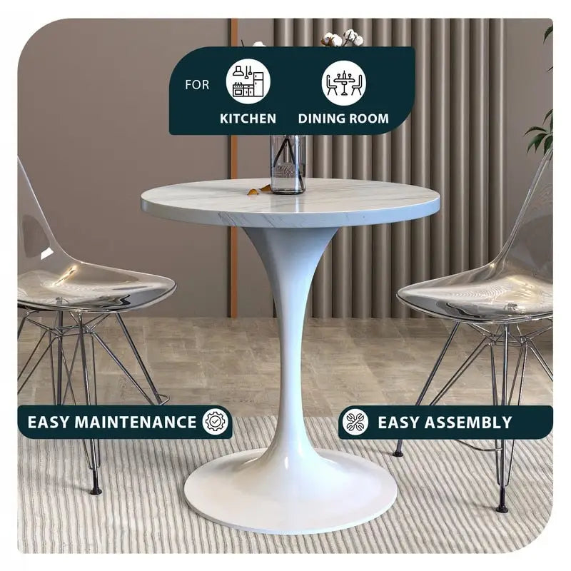 Round Dining Table with Resin Tabletop and White Steel Pedestal Base