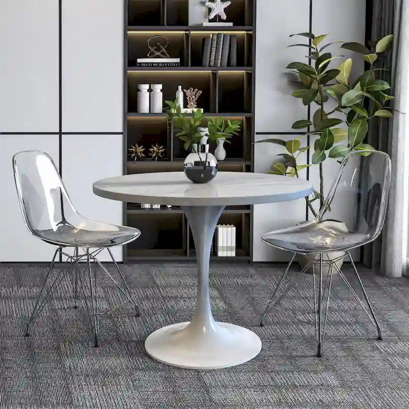 Round Dining Table with Resin Tabletop and White Steel Pedestal Base
