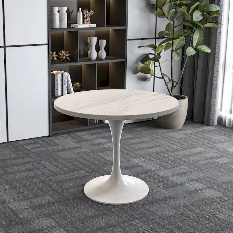 Round Dining Table with Resin Tabletop and White Steel Pedestal Base