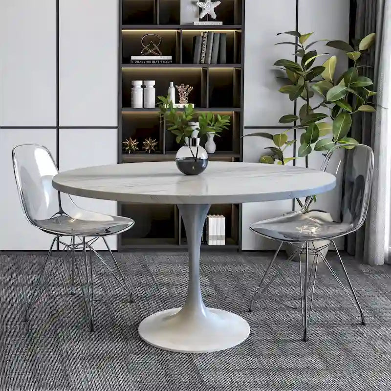 Round Dining Table with Resin Tabletop and White Steel Pedestal Base