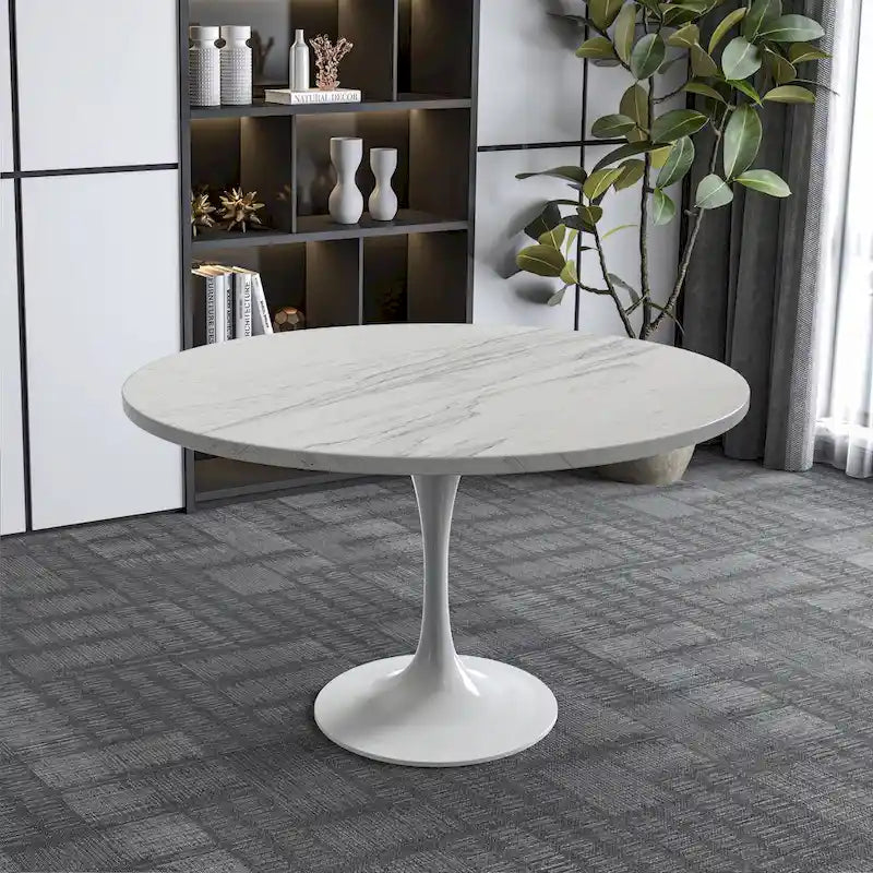 Round Dining Table with Resin Tabletop and White Steel Pedestal Base