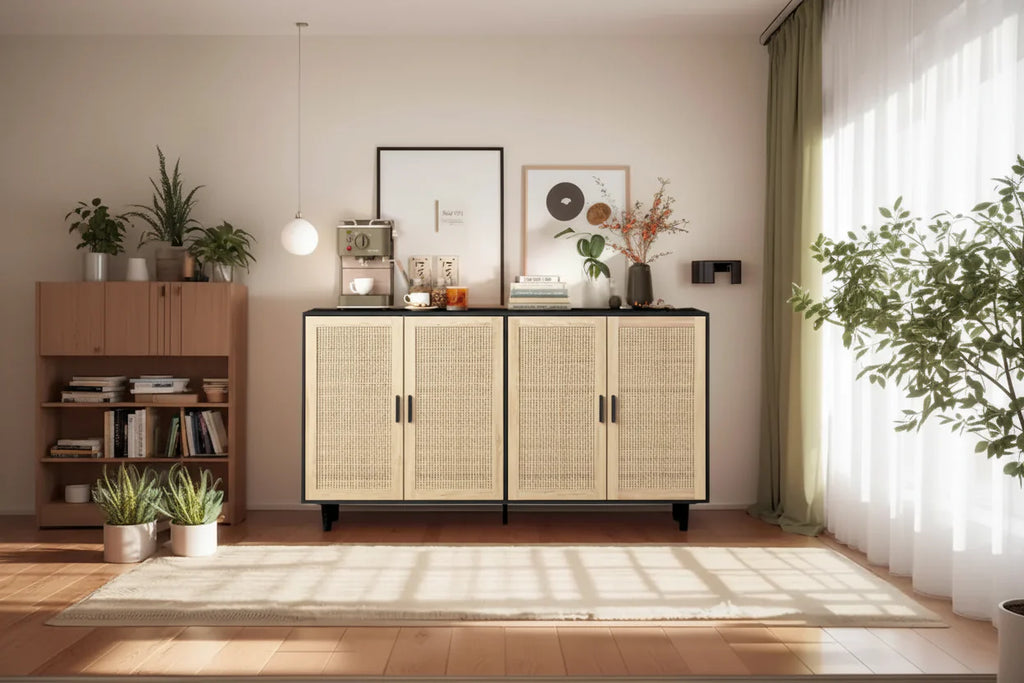 4-Door Rattan Storage Cabinet with Solid Wood Legs