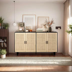 4-Door Rattan Storage Cabinet with Solid Wood Legs