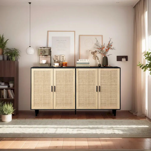 4-Door Rattan Storage Cabinet with Solid Wood Legs