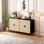 4-Door Rattan Storage Cabinet with Solid Wood Legs