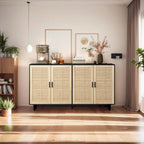 4-Door Rattan Storage Cabinet with Solid Wood Legs