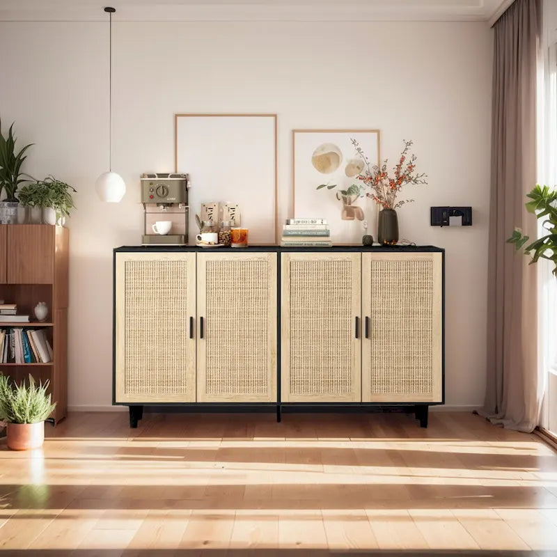 4-Door Rattan Storage Cabinet with Solid Wood Legs