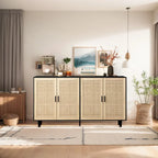 4-Door Rattan Storage Cabinet with Solid Wood Legs
